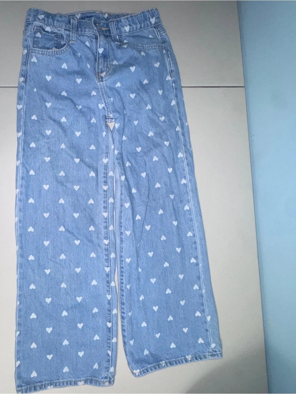 Old Navy Girl 12 Denim Jeans High Waisted Baggy Wide Leg Hearts Casual School